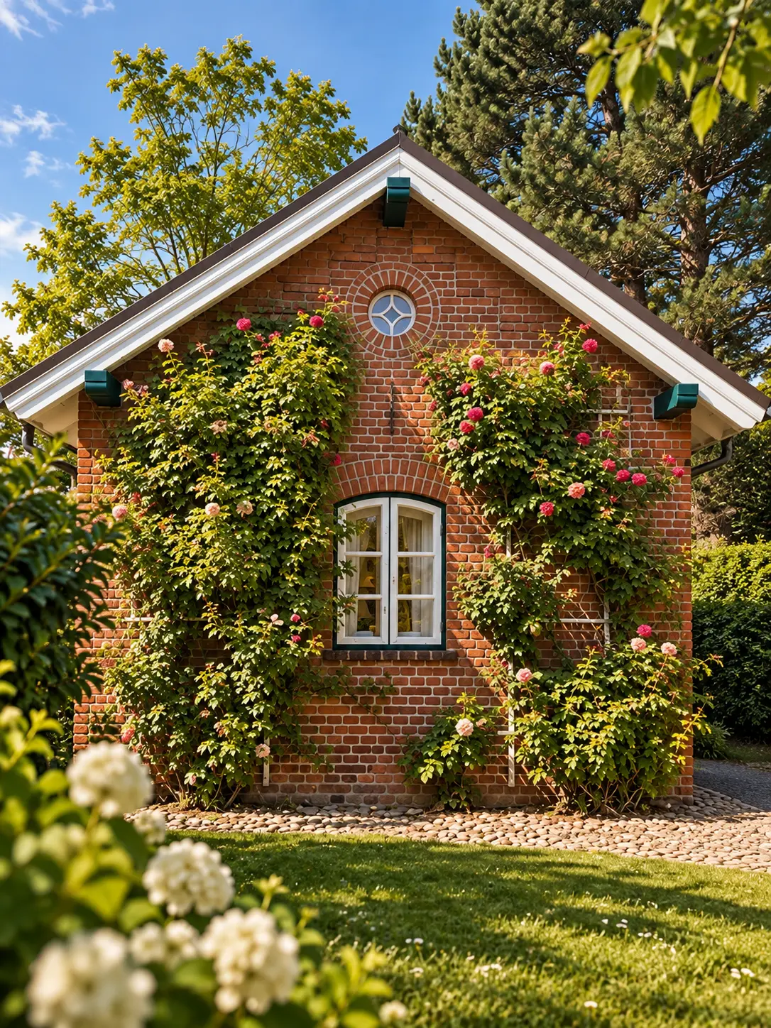 Maison Lütt vom Garten aus – Backsteinbau mit Rosen und rundem Fenster