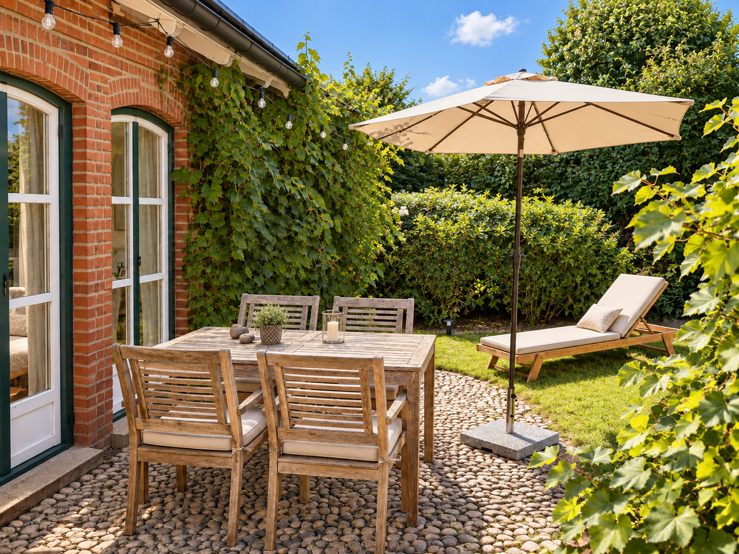 Die Terrasse von Maison Lütt an einem hellen Vormittag