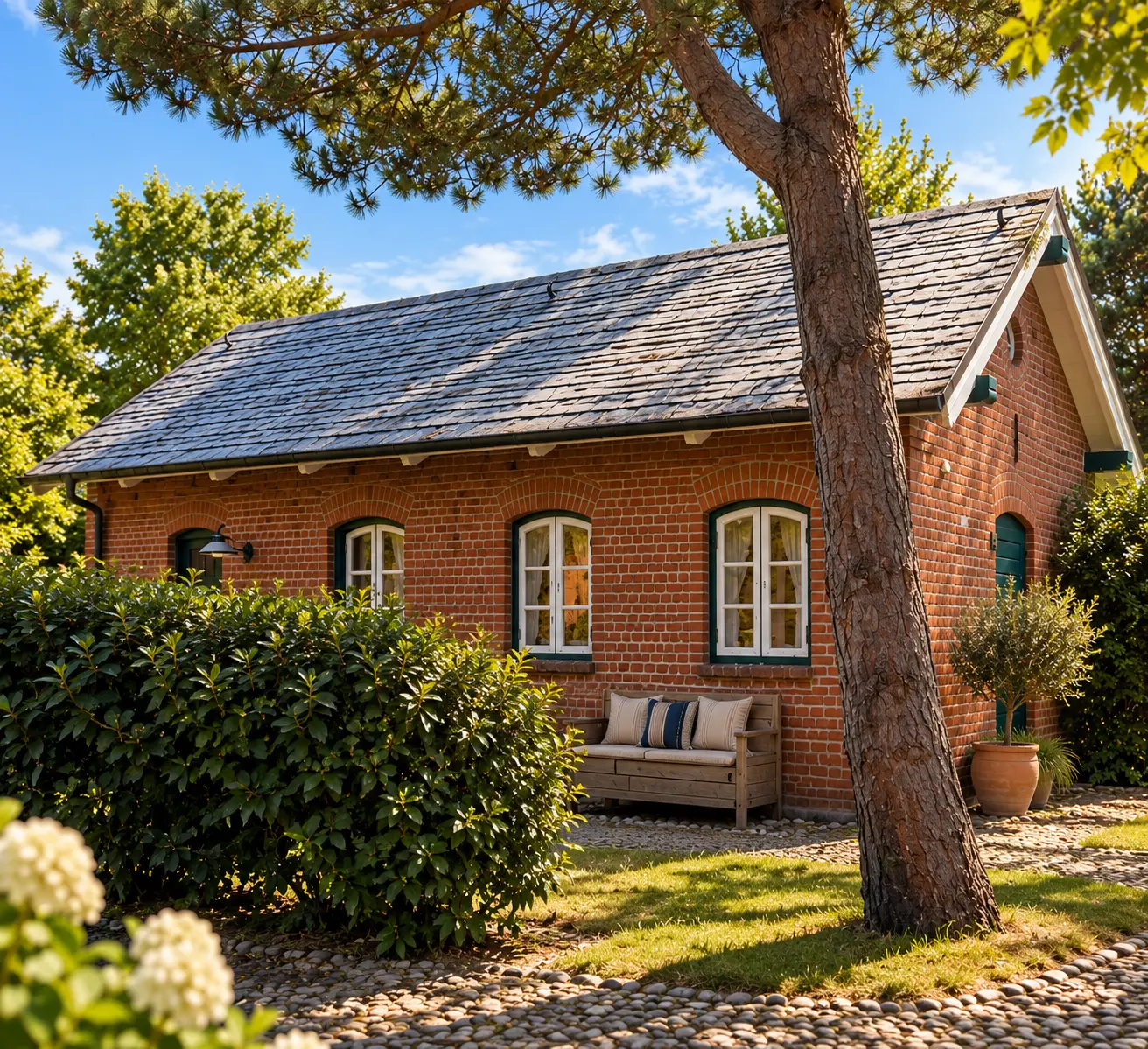 The complete brick house Maison Lütt in Keitum on Sylt with shingle roof and garden in morning light