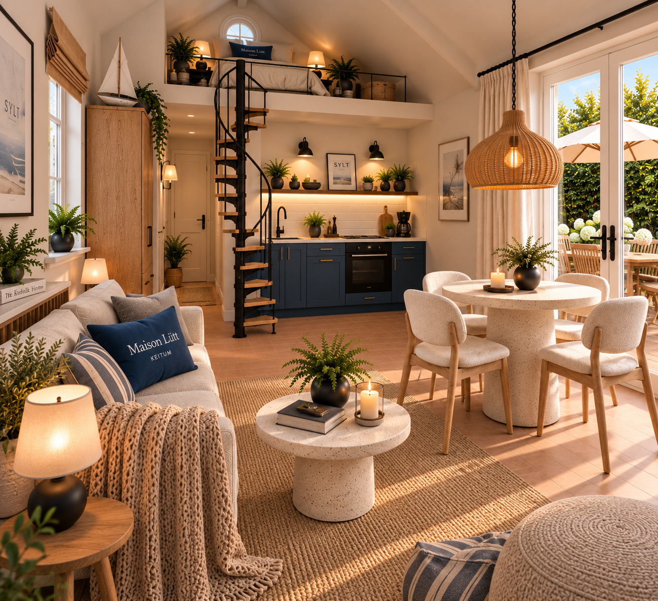 Living room of Maison Lütt with sofa, dining table, kitchen and spiral staircase to the gallery