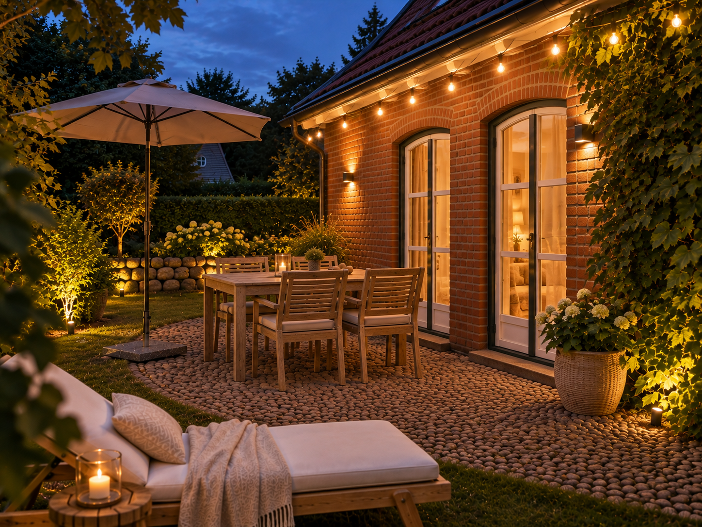 The terrace in the evening in the warm light of the string lights, with candles and a blanket