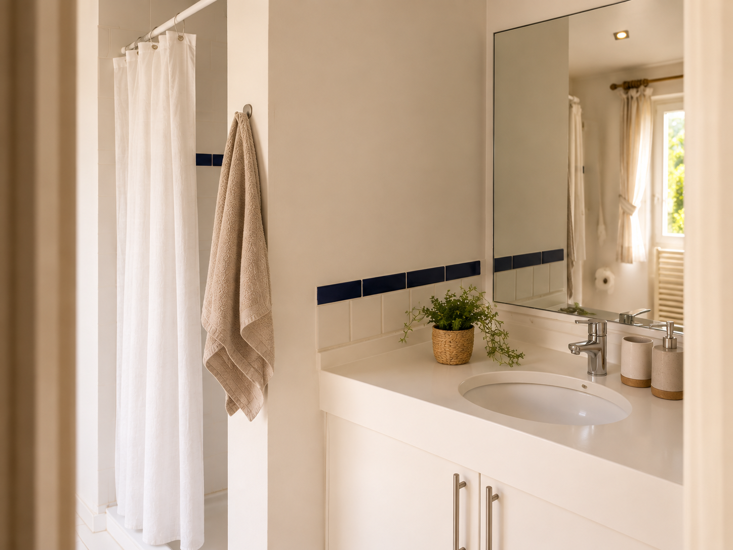 Bathroom with white washstand, large mirror and blue tile accents