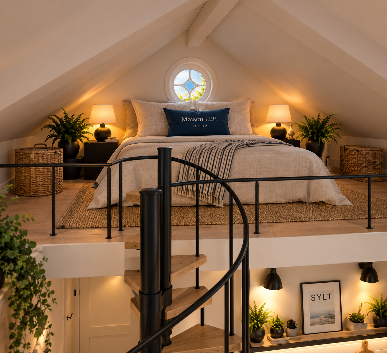 Gallery under the roof with bed linen, round window and wooden beams